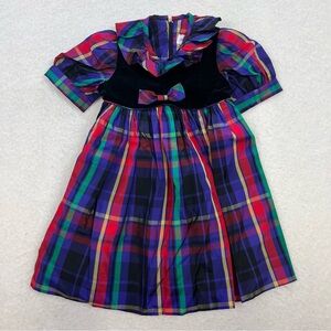 Vintage Jane and John Colorful Checkered Black Velvet Dress with Bow Size 3T